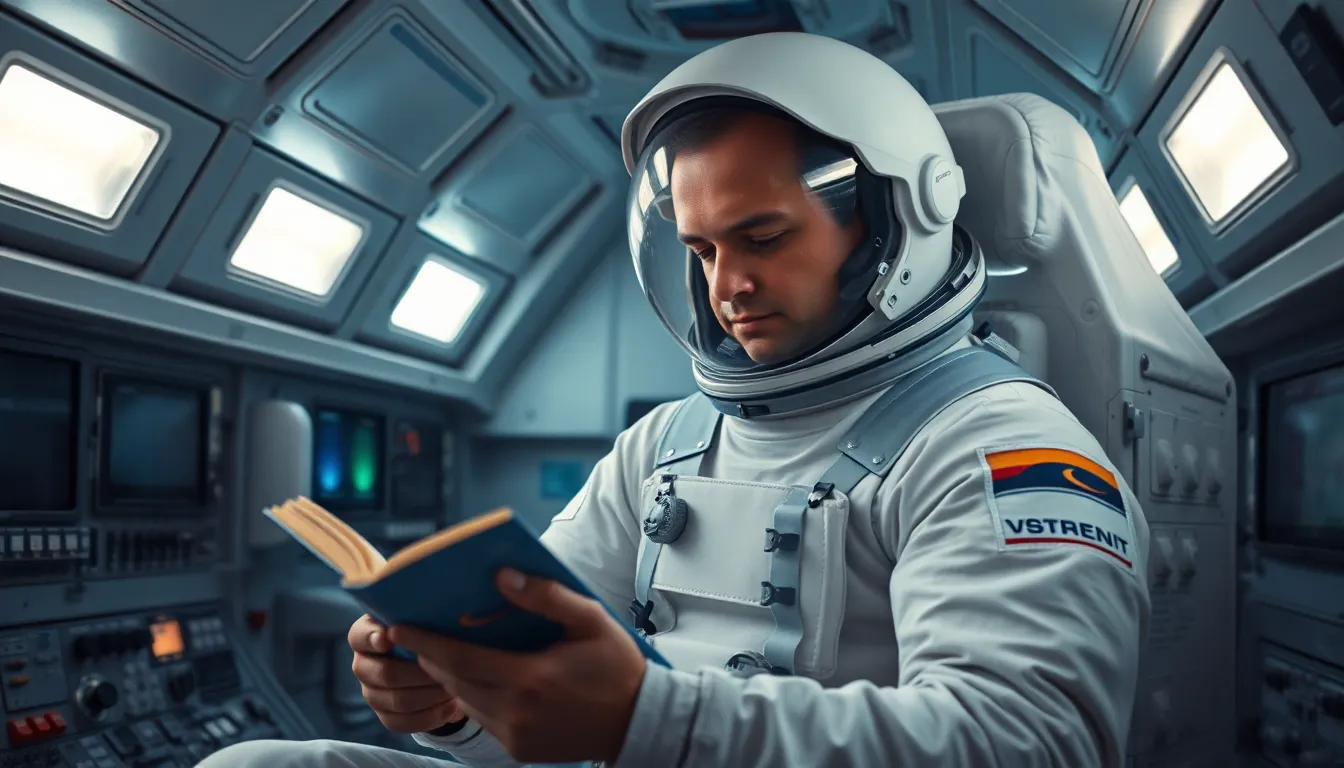 Astronaut Reading in Spacecraft Interior