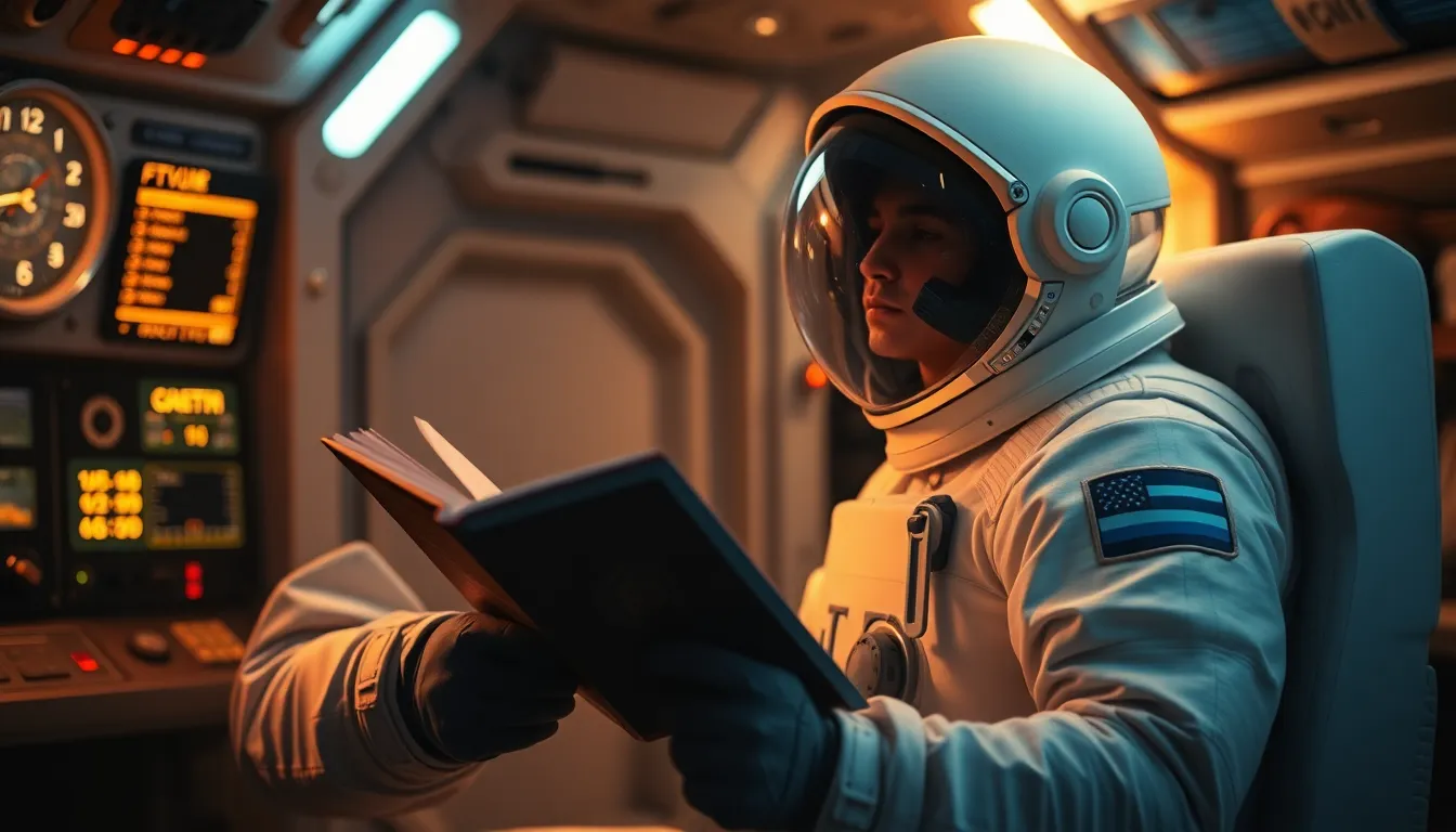 Astronaut Reading Inside Spaceship