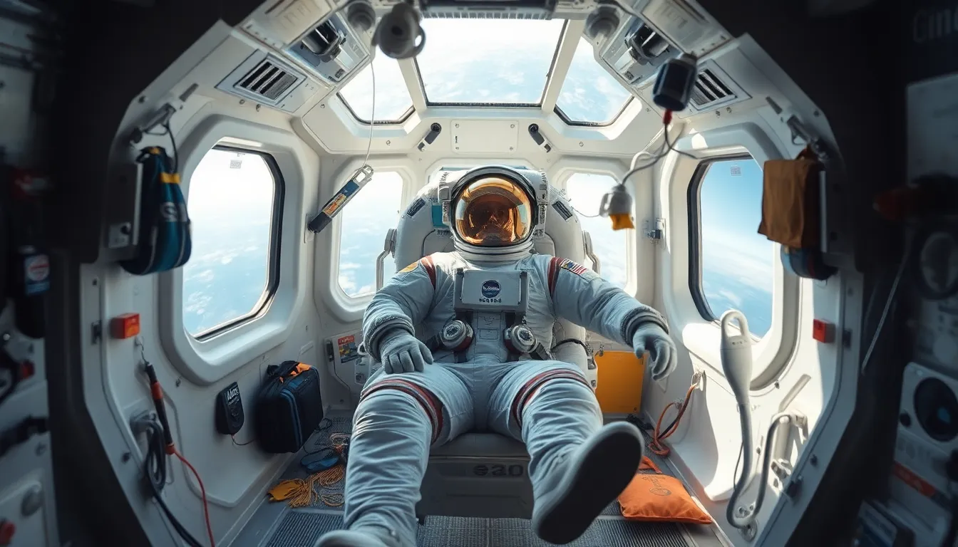Astronaut Relaxing in Zero-Gravity Habitat This serene image features an astronaut enjoying a moment of relaxation in a zero-gravity habitat, surrounded by floating tools and personal belongings. Soft natural light from the habitat's windows creates an inviting atmosphere, highlighting the textures of the space environment. The balanced depth of field ensures both the astronaut and their surroundings are clearly visible, contributing to the mood of tranquil solitude. The vibrant colors of personal items contrast beautifully with the muted tones of the habitat.