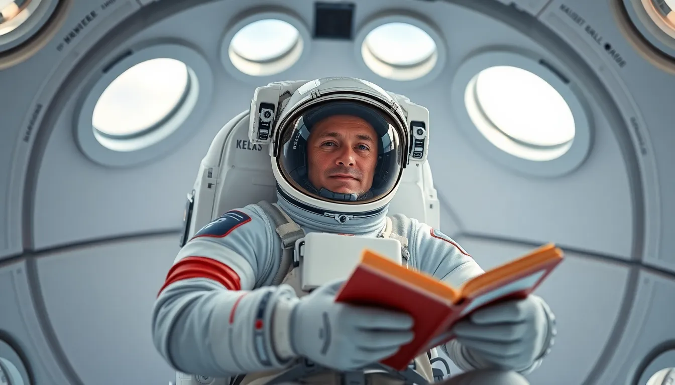 Astronaut Relaxing in Zero-Gravity Chamber An astronaut floats in a zero-gravity chamber, deeply engrossed in a book, embodying peace amidst the vastness of space. Soft daylight filters through portholes, casting gentle highlights on the scene. The muted pastel colors create a serene atmosphere, while the selective focus centers on the astronaut's tranquil expression, providing a glimpse into the quieter moments of space life.