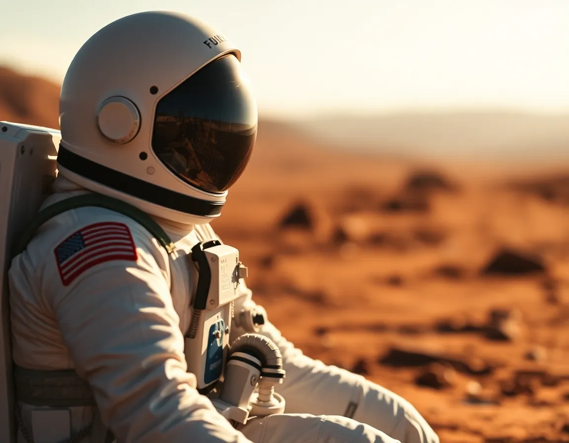 Astronaut Training in Simulated Mars Environment An astronaut is seen sitting in a carefully crafted simulated Mars environment, engaged in a training exercise. Natural afternoon light envelops the scene, casting a warm glow on the earthy tones that dominate the landscape. The focus draws attention to the intricate details of the helmet, merging technology with the vastness of space exploration. The composition elegantly balances the astronaut within the frame, creating an introspective mood against the immersive backdrop.