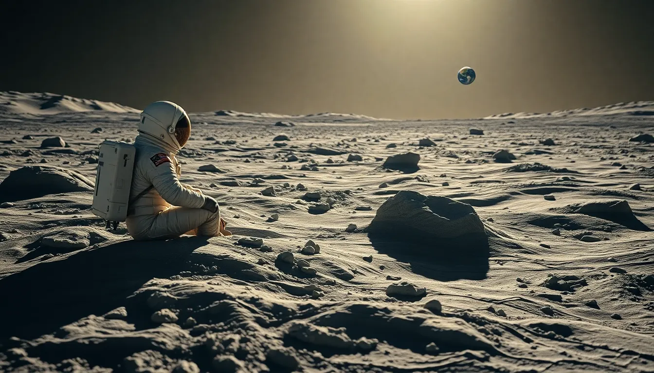 Astronaut on Lunar Surface Watching Earth