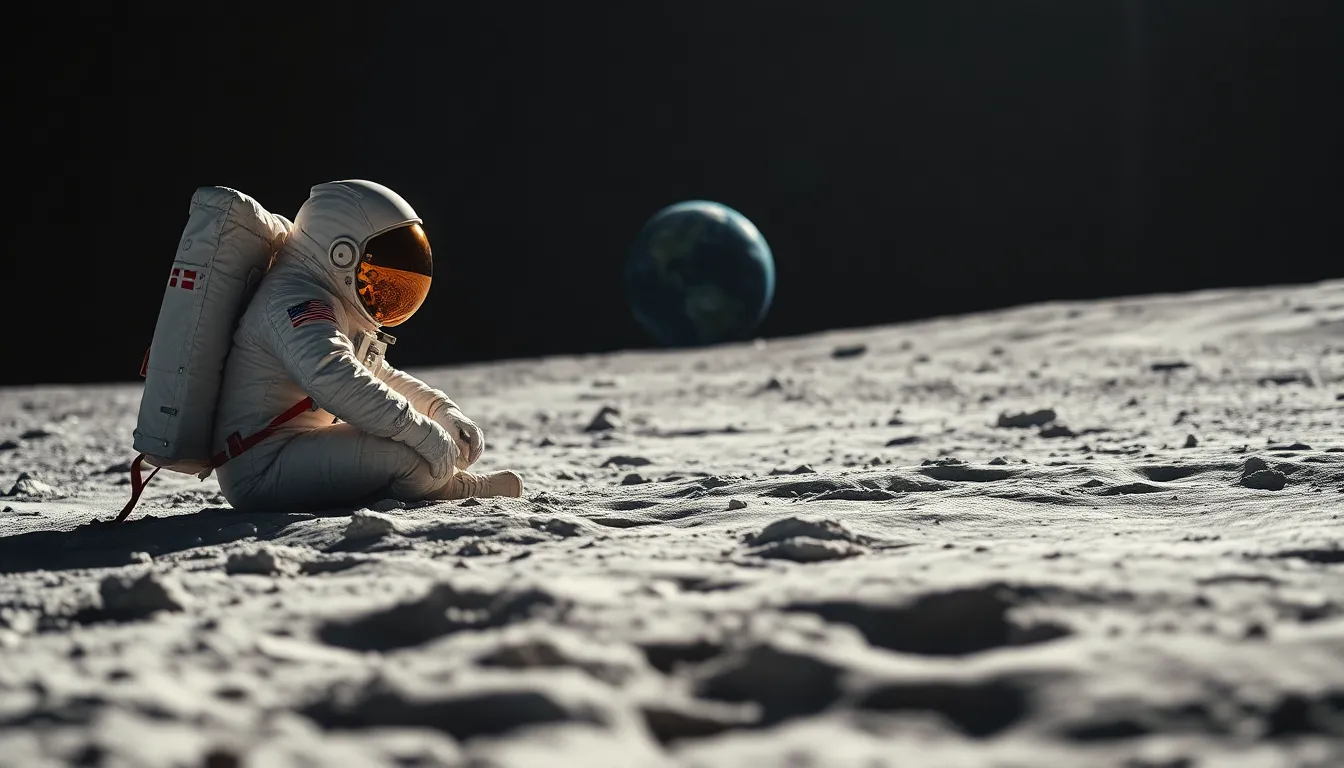 Astronaut on Moon with Earth in Background