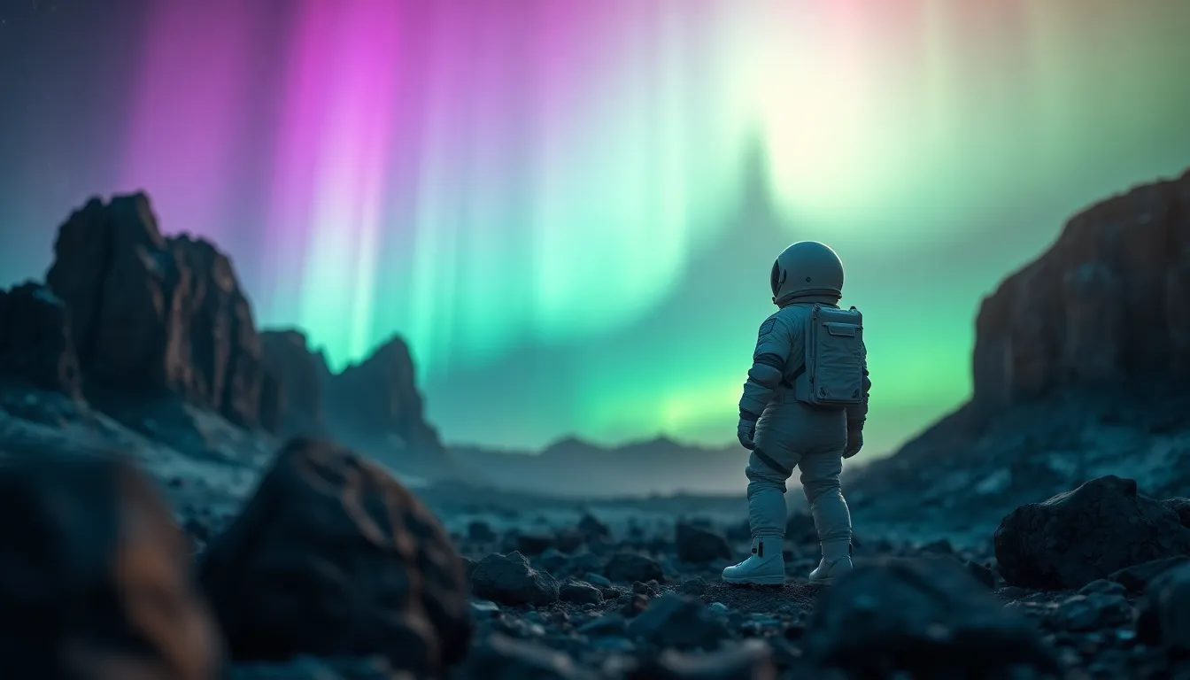 Astronaut Gazing at Auroral Skies on Exoplanet