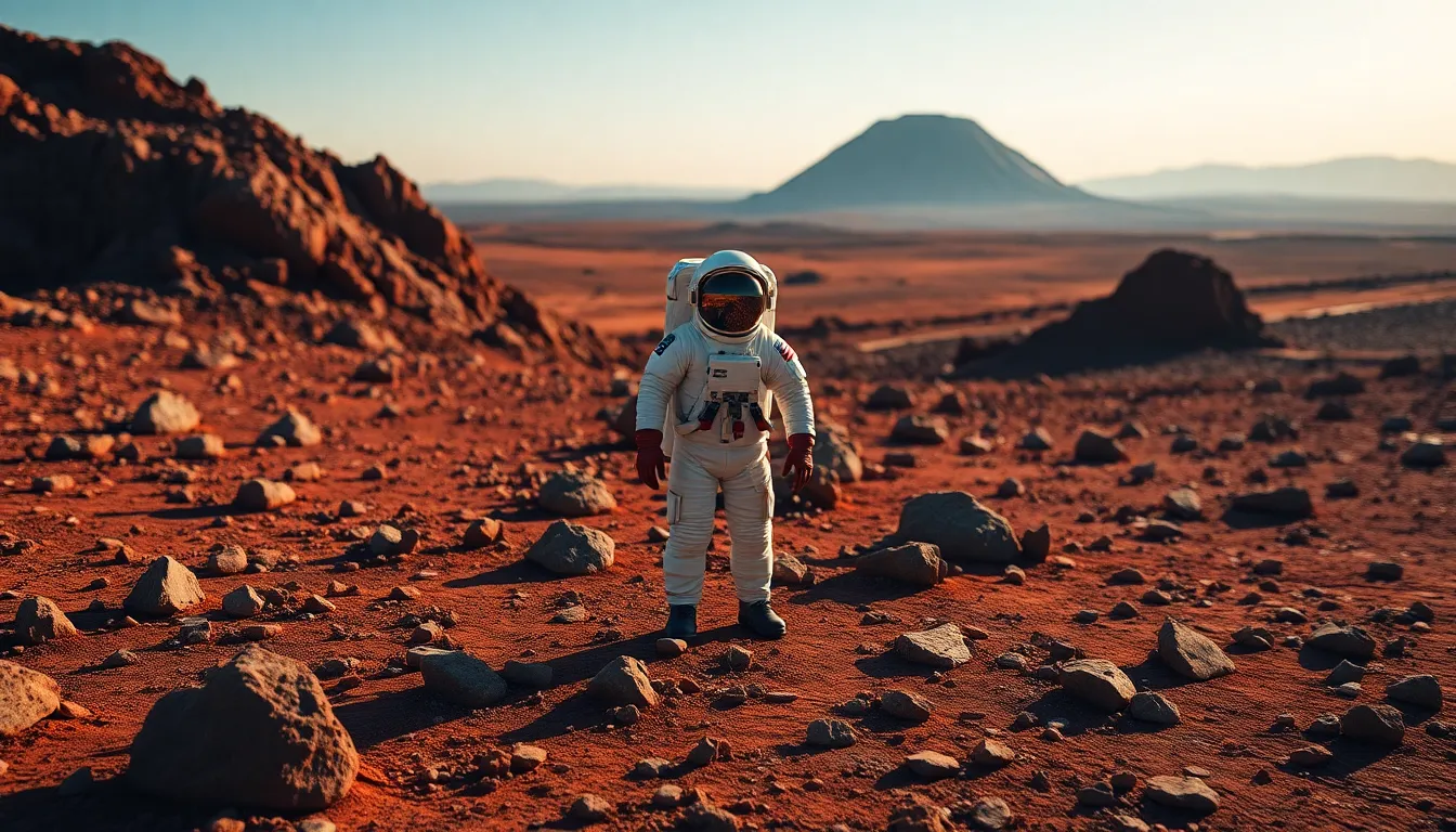 Astronaut on Martian Landscape with Olympus Mons