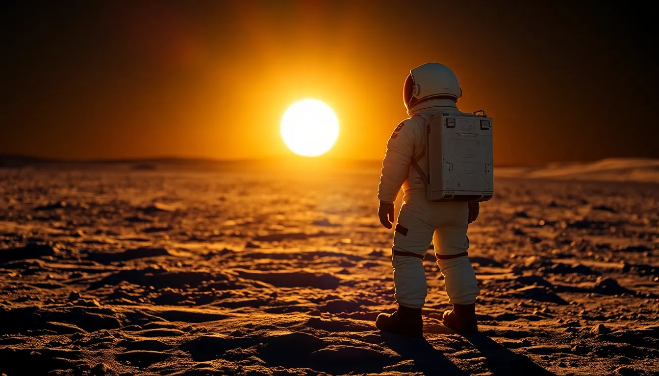 Astronaut on Lunar Surface This striking image features an astronaut standing on the desolate lunar surface, gazing up at the planet Earth. Soft daylight highlights the astronaut’s suit while creating dramatic shadows that accentuate the rugged lunar terrain. The reflective visor captures Earth beautifully, contrasting with the muted lunar tones of the foreground. The composition draws the viewer’s eye, evoking feelings of isolation and wonder at the vastness of space.