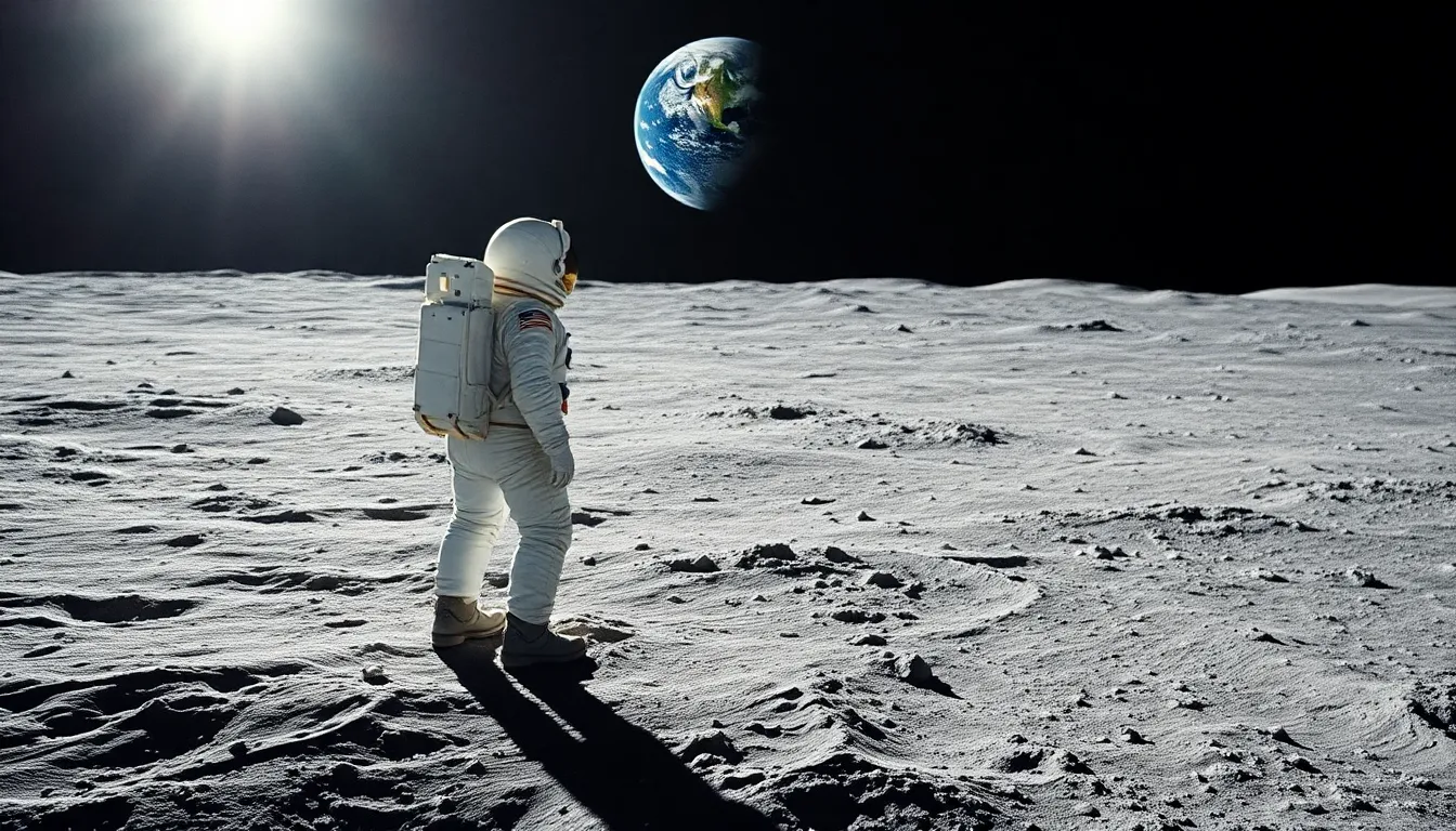 Astronaut on Lunar Surface Overlooking Earth
