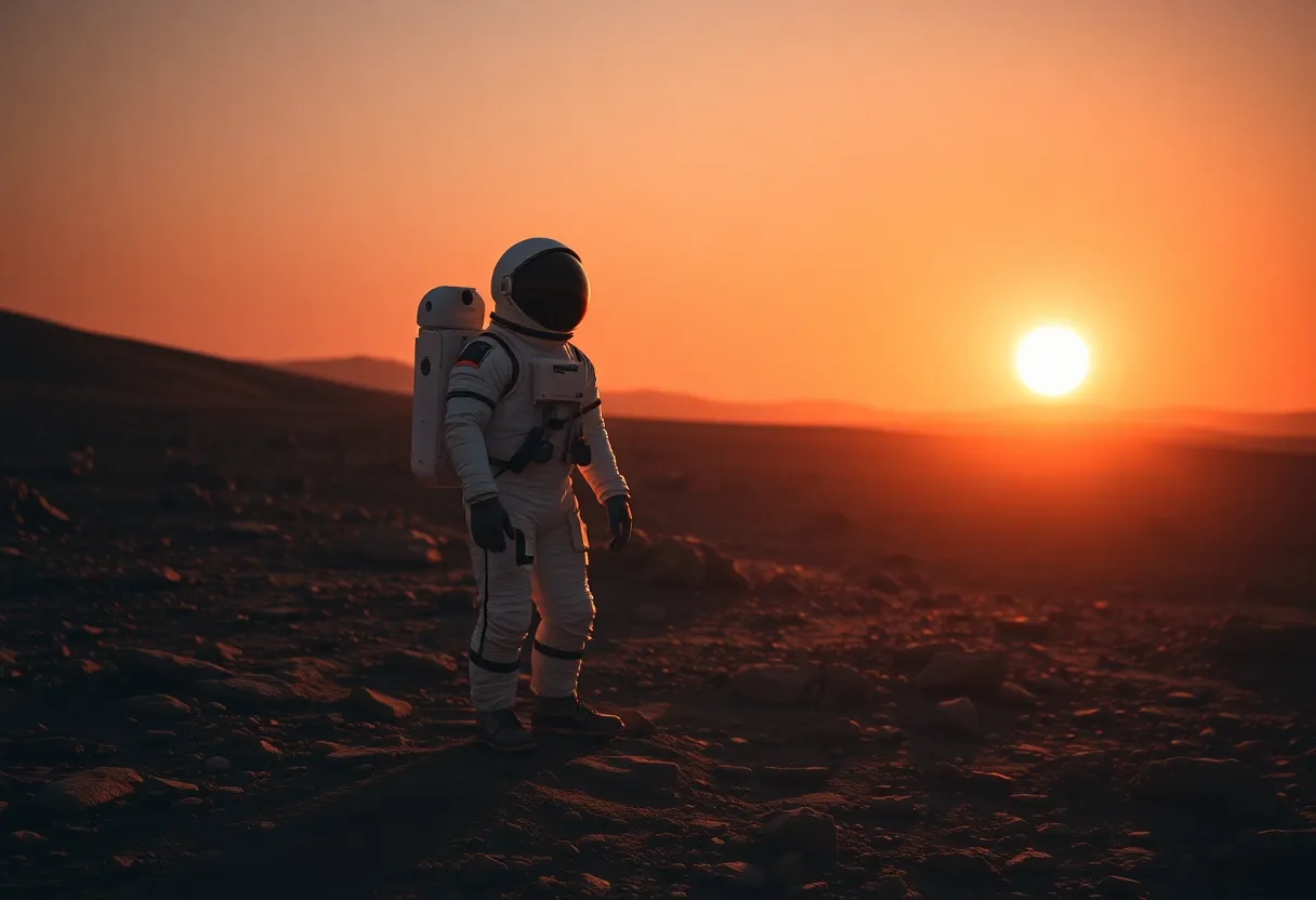 Astronaut Standing on Martian Surface at Sunrise