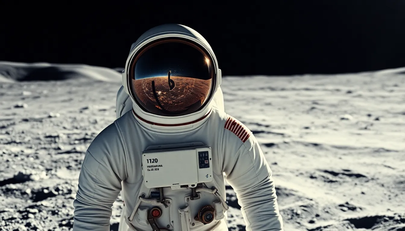 Astronaut on Lunar Surface This stunning photograph captures an astronaut standing on the lunar surface, gazing back at Earth in the reflection of their visor. The lunar landscape is depicted in intricate detail, with soft sunlight casting long shadows across the dusty surface. The muted color palette highlights the stark beauty of the moon, contrasting with the vibrant blue of Earth in the background. This image conveys a powerful sense of exploration and the vastness of space.