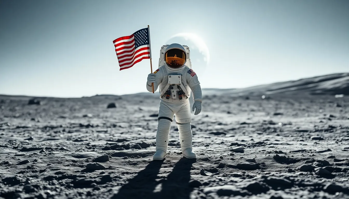 Astronaut on the Moon with Earth in Background