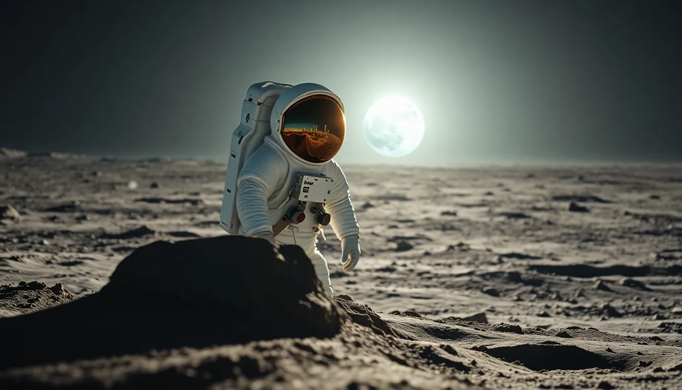 Astronaut on the Moon with Earth in Background
