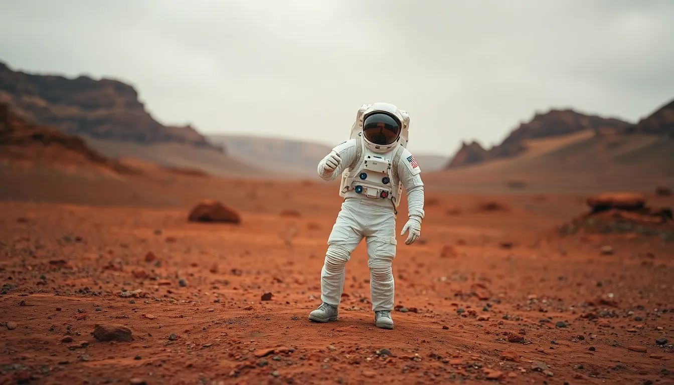 Astronaut on Mars This stunning image showcases an astronaut standing on the barren, red landscape of Mars, embodying the spirit of human exploration. The overcast sky creates a diffuse light that softens the harshness of the terrain, while the astronaut's suit contrasts against the Martian surface. The careful composition highlights both the astronaut's presence and the expanse of the alien landscape, inviting viewers to imagine the possibilities of space travel.