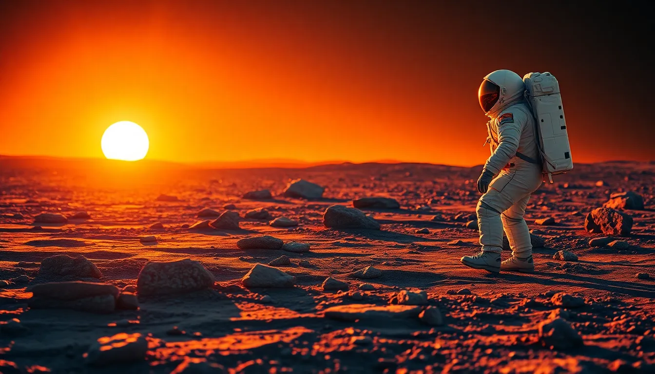 Astronaut Studying Lunar Rocks at Sunset