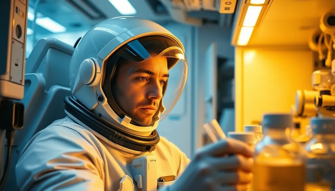 Astronaut Analyzing Samples in Lab An astronaut is focused on studying samples in a high-tech laboratory module aboard a spacecraft. The warm lighting contrasts with the bright, sterile equipment, creating an inviting yet futuristic atmosphere. This scene captures the essence of scientific inquiry in space, showcasing the astronaut's curiosity and dedication. The image highlights the balance between the human element and advanced technology, drawing viewers into the world of space exploration.