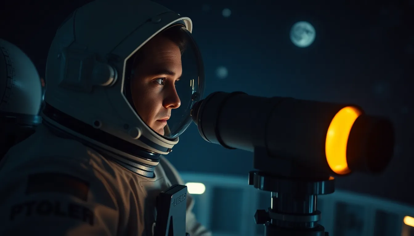Astronaut Observing Celestial Bodies An astronaut is deeply focused on observing celestial bodies through a telescope aboard a space station. Soft LED lighting casts a gentle glow on their concentrated face, enhancing the serene mood of the scene. The muted color palette featuring deep blues and blacks reflects the vastness of space and the quiet dedication of exploration. The composition, following the rule of thirds, allows viewers to connect with the astronaut's focused expression, evoking curiosity about the universe.