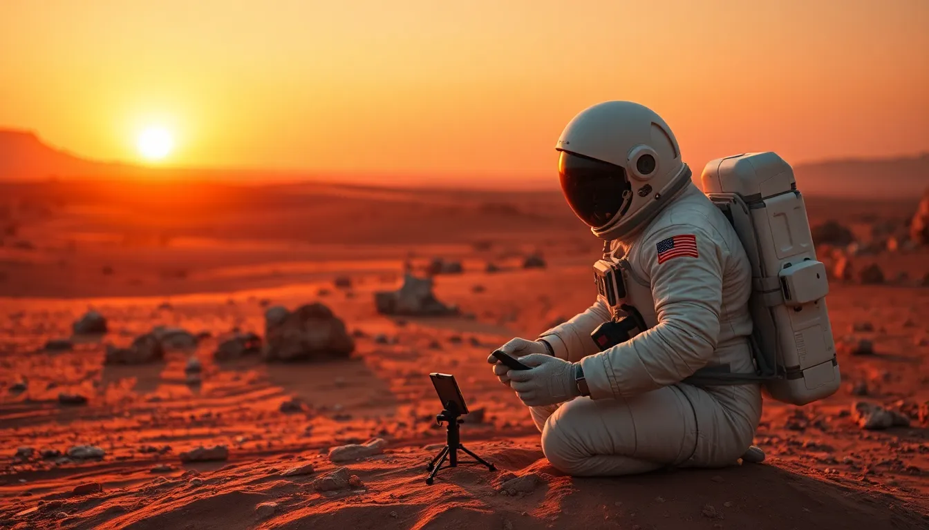 Astronaut Studying Samples on Martian Surface
