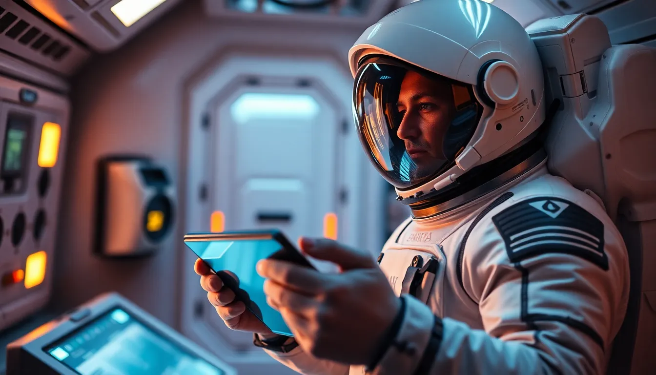 Astronaut Working on Tablet in Spacecraft