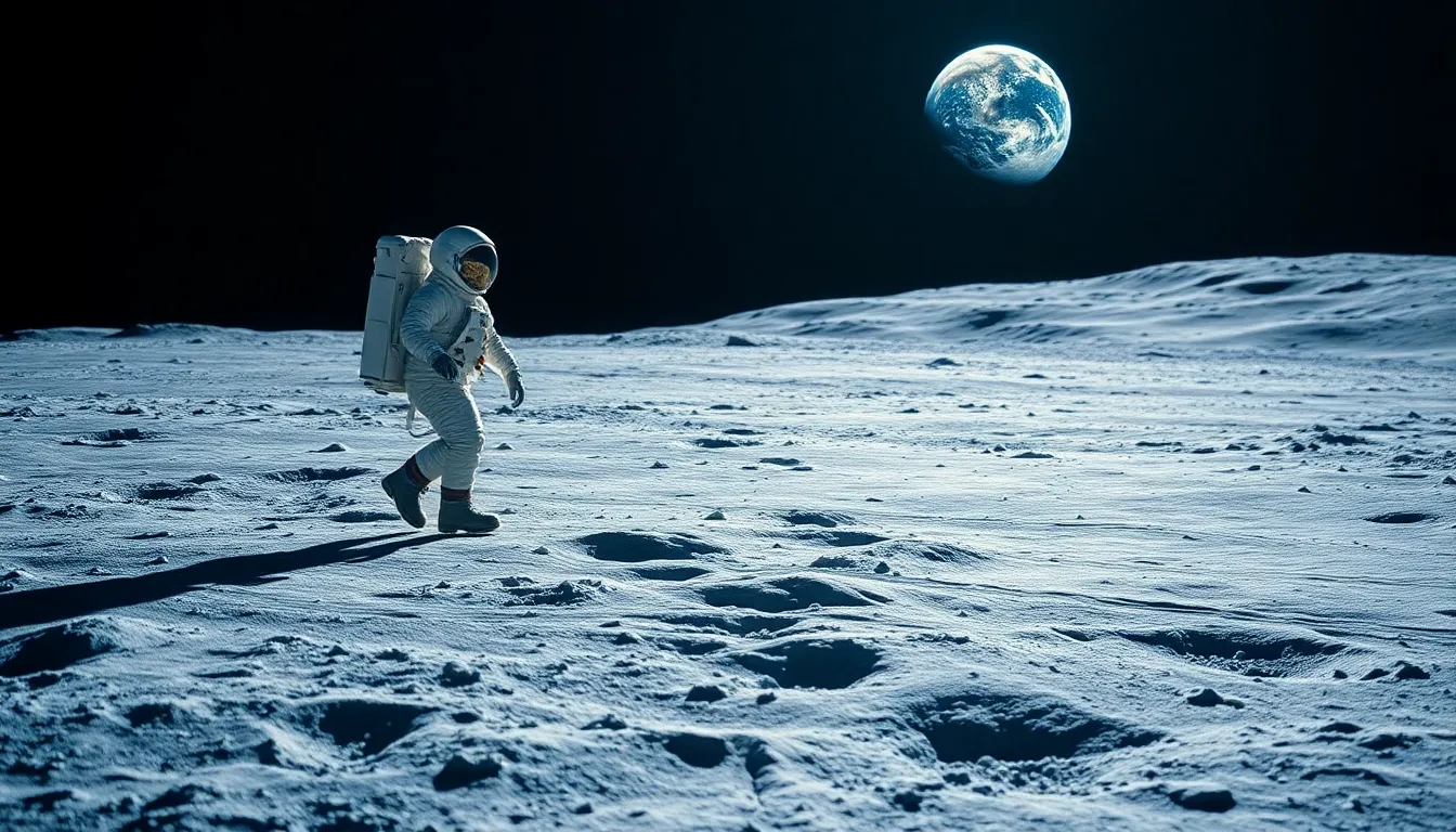 Astronaut Walking on the Moon with Earth in Background