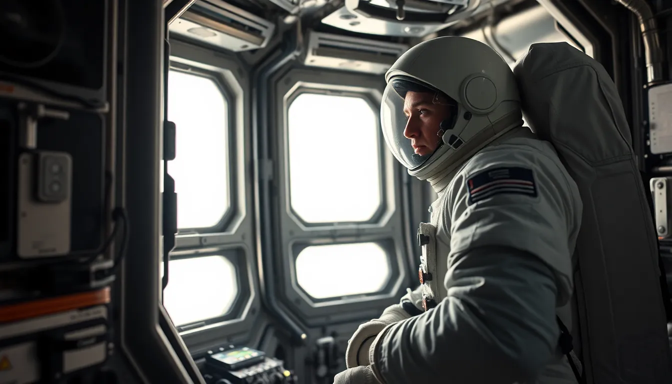 Astronaut Working Inside Space Station This image captures an astronaut diligently working inside a high-tech space station, surrounded by various instruments and screens. The soft illumination and muted color palette emphasize the advanced technology, while the astronaut's focused expression conveys dedication to their mission. The meticulous details of the space station's interior add depth, making viewers feel immersed in the experience of space exploration.