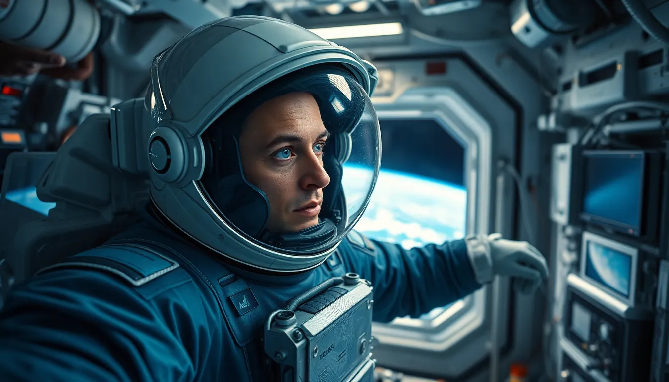 Astronaut in Zero Gravity Inside ISS A stunning image of an astronaut floating inside the International Space Station, illuminated by cool overhead lights. The image captures the astronaut's focused expression as they interact with the equipment around them, with the Earth visible through a window. The deep blues and crisp whites of the suit and station create a vibrant contrast, enhancing the otherworldly ambiance. This composition masterfully blends strong focus on the subject with a view into the encapsulated space environment.