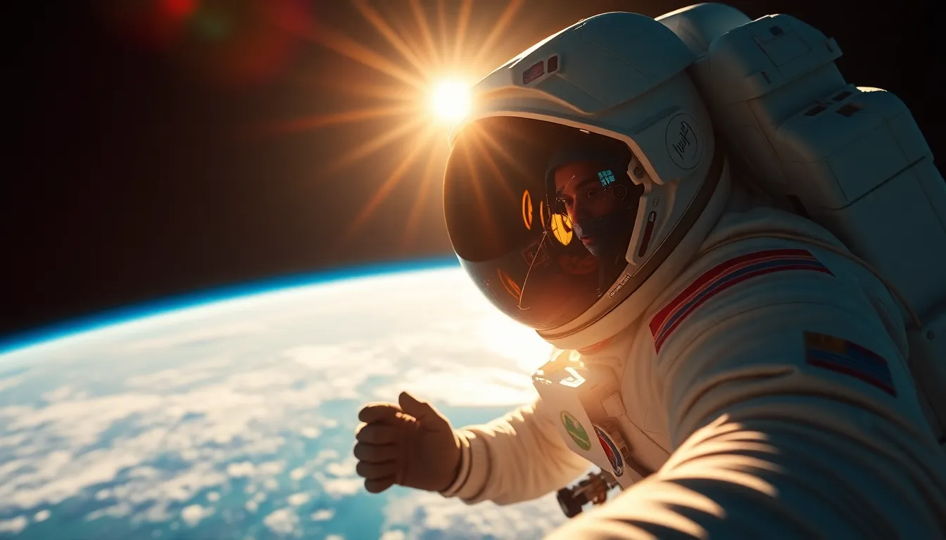 Astronaut Performing Spacewalk Above Earth