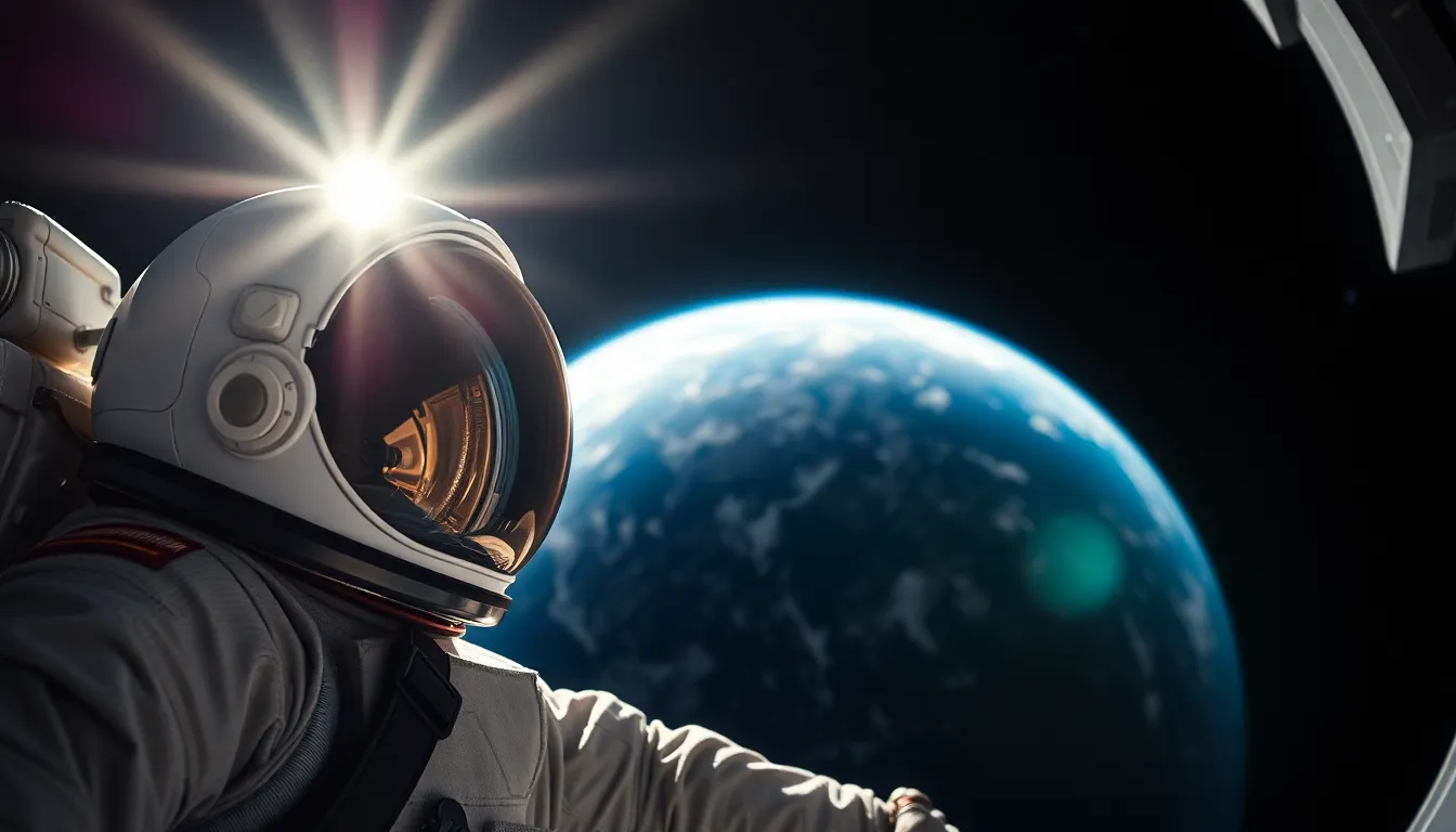 Astronaut Floating in Space with Earth A lone astronaut floats in the vastness of space, with the Earth illuminated in vibrant blues and whites behind. Sunlight catches on the helmet, creating a soft sheen, while the surrounding stars twinkle in the black void. The composition draws the eye to the astronaut's position off-center, emphasizing their solitude in the cosmic expanse. The glossy suit contrasts beautifully with the ethereal backdrop, producing a striking and serene image of exploration.