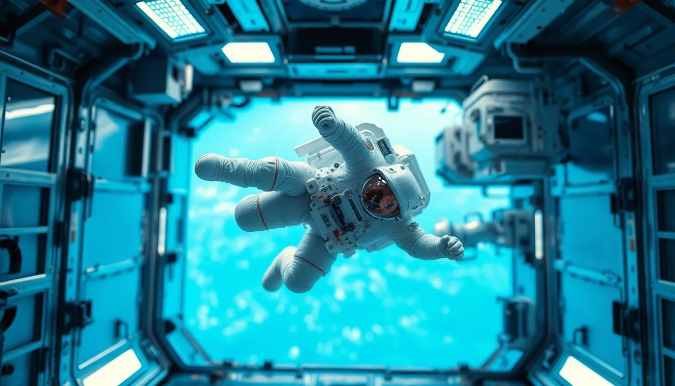 Astronaut in Zero Gravity Inside ISS A lone astronaut floats gracefully in the zero-gravity environment of the International Space Station. Soft overhead lighting enhances the metallic textures of the station's interior, reflecting shades of blue and silver. The composition emphasizes the astronaut's isolation, with floating equipment and instruments softly blurred in the background. This scene captures the tranquility and awe of life in space, offering a glimpse into the advanced technology of human space exploration.