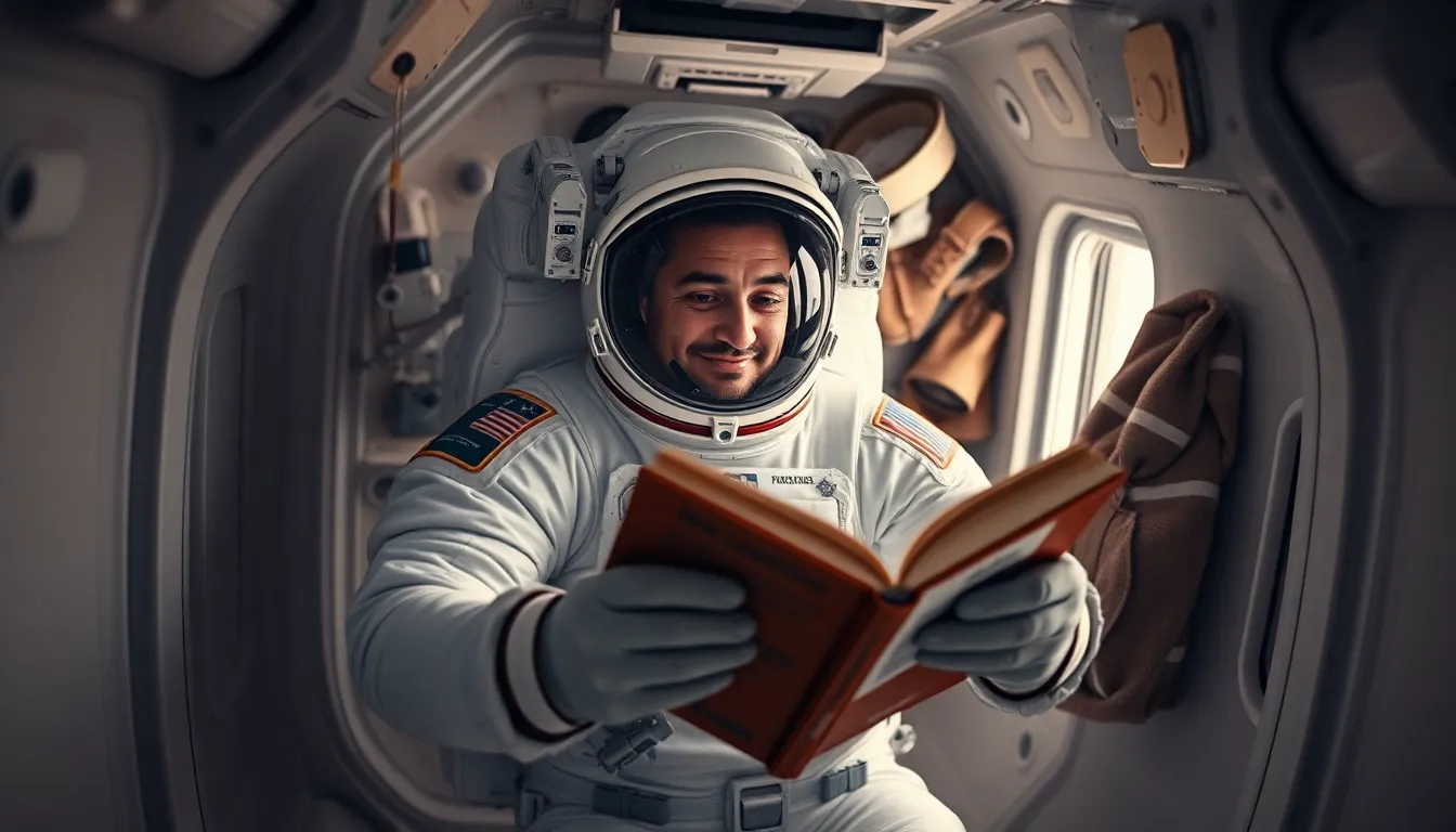 Astronaut Reading a Book in Zero Gravity An astronaut floats effortlessly in zero gravity, engrossed in reading a book inside a spacecraft. Soft natural light filters in, creating a warm and inviting atmosphere. The scene captures a rare moment of tranquility in space, contrasting the rigorous demands of their mission. The gentle interplay of light and floating objects adds a unique charm, drawing viewers into the personal side of life as an astronaut.