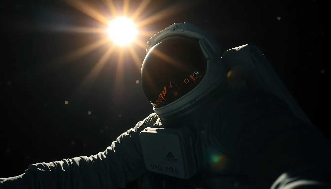 Astronaut Floating in Space A captivating image of an astronaut gracefully floating in the vastness of space. Backlit by a distant sun, the reflective visor captures a brilliant flare, highlighting the intricate details of the spacesuit. The scene’s deep black contrasts with the brilliant stars, creating a serene yet isolating atmosphere. The composition draws the eye towards the astronaut, evoking a sense of wonder and exploration.