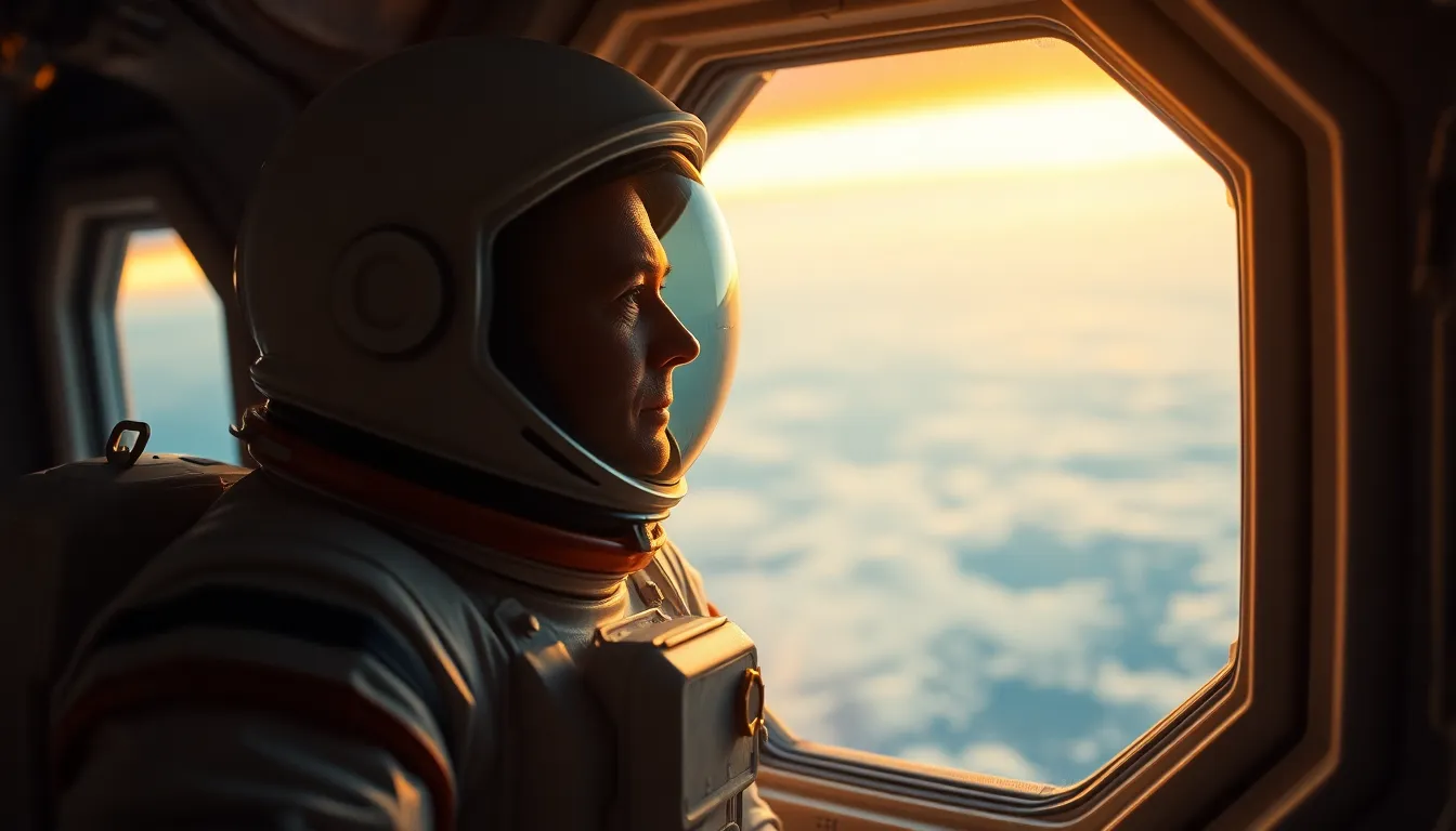 Astronaut Observing Earth from Space Habitat