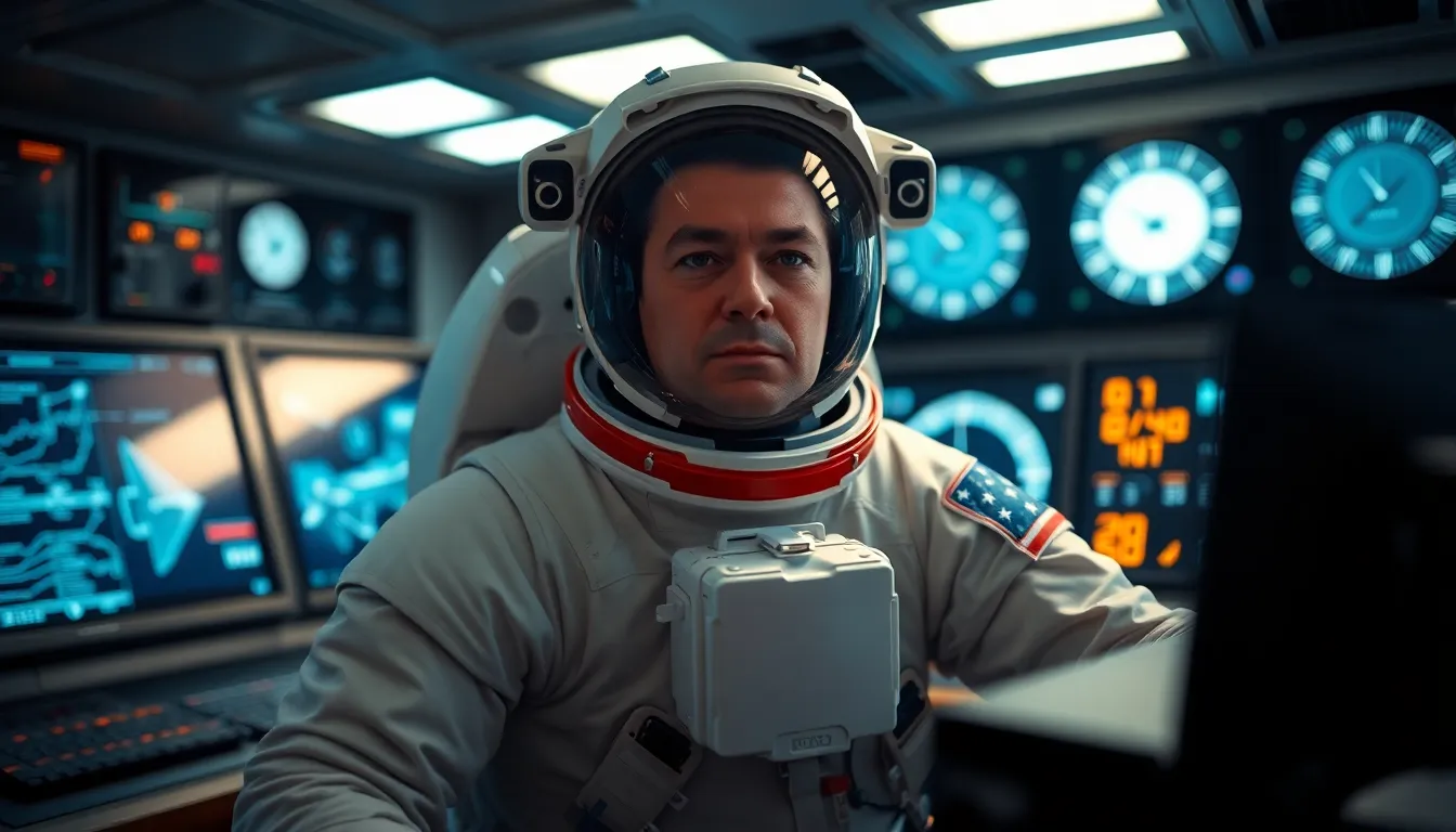 Astronaut in High-Tech Launch Control Room