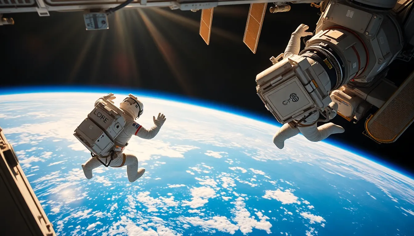 Astronauts Spacewalking Outside ISS