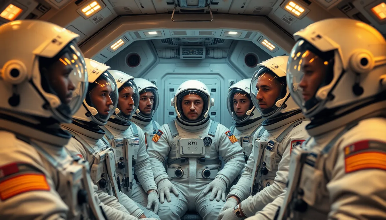 Team Briefing Inside a Spacecraft This intimate image depicts a team of astronauts engaged in a crucial briefing inside their spacecraft. The warm tungsten lighting establishes a focused atmosphere as they collaborate on mission details. The shallow depth of field emphasizes their expressions and interactions, highlighting the human element of space exploration. The natural color palette reflects the futuristic materials of the spacecraft, evoking a sense of camaraderie and determination.