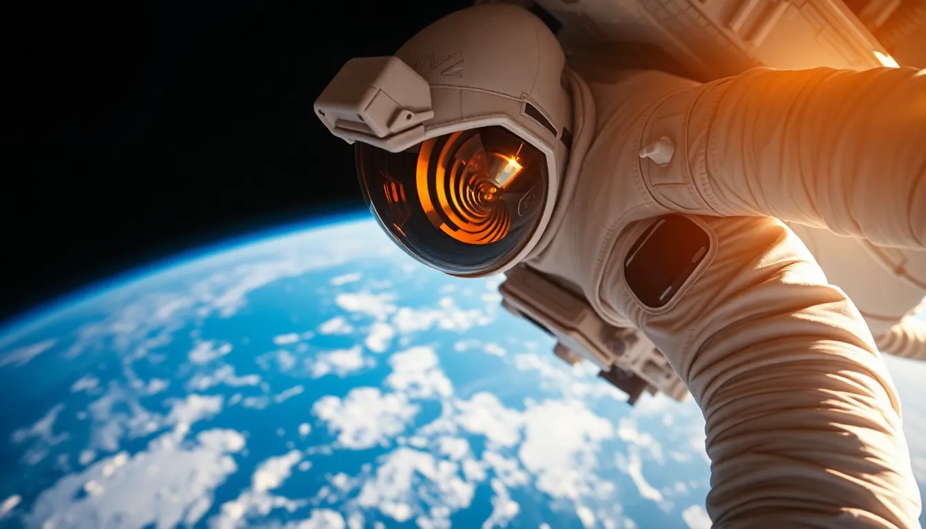 Astronaut Floating Above Earth at Sunset