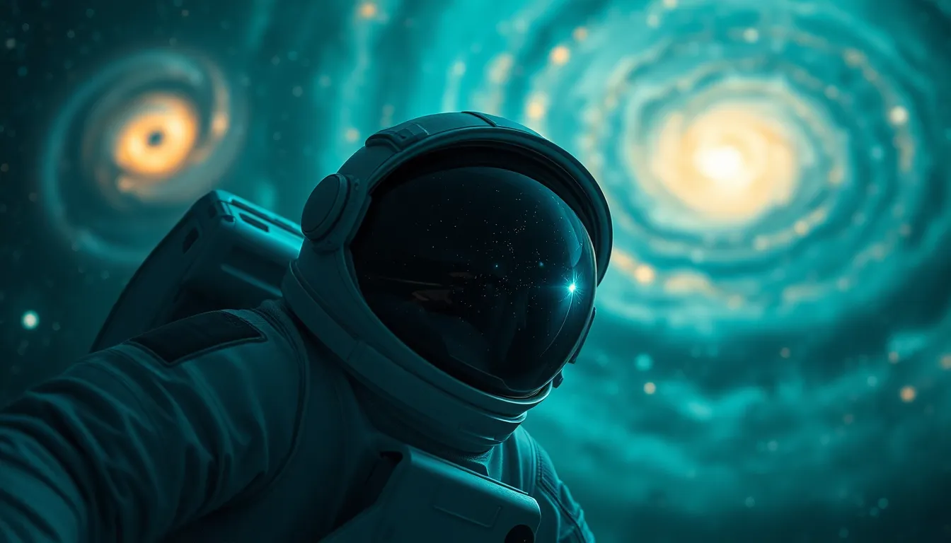 Astronaut Floating in Space with Galaxies An awe-inspiring scene captures an astronaut floating amidst swirling galaxies, illuminated by soft starlight reflecting off the visor. The image features vibrant colors, with cinematic teal and orange grading accentuating the cosmic background. The astronaut's textured spacesuit contrasts beautifully against the blurred, expansive cosmos. Leading lines formed by the galaxies guide the viewer's eye, creating a sense of depth and wonder in this mesmerizing space exploration moment.