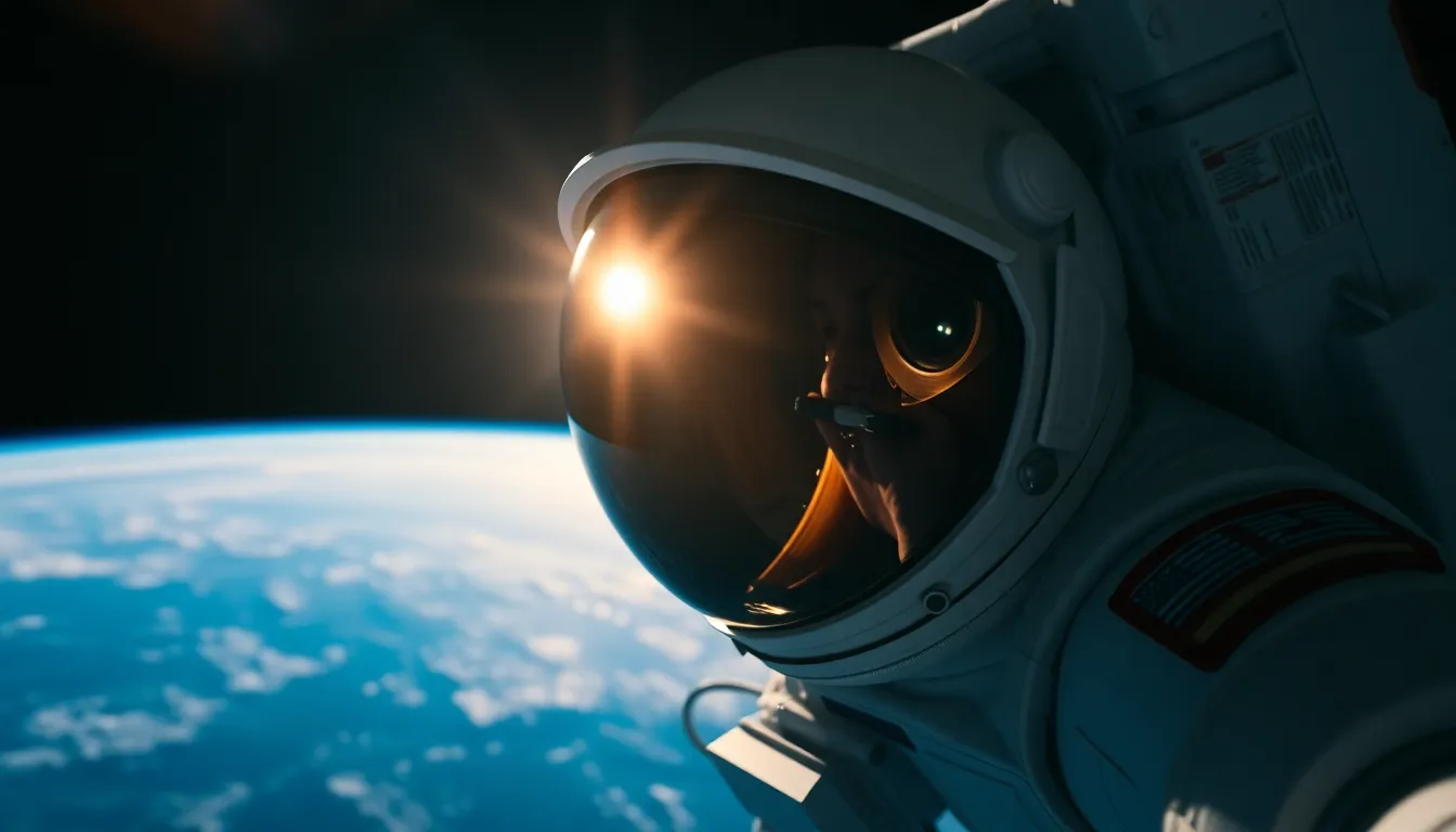 Astronaut Floating in Space with Earth Background This striking image features an astronaut peacefully floating in the vastness of space, with a stunning view of Earth below. The soft sunlight casts reflections on the helmet's visor, highlighting the intricacies of the suit's texture. The contrasting blues of the Earth against the blackness of space create a captivating visual. The photograph's composition draws the eye toward the astronaut, emphasizing the solitude and wonder of space exploration.