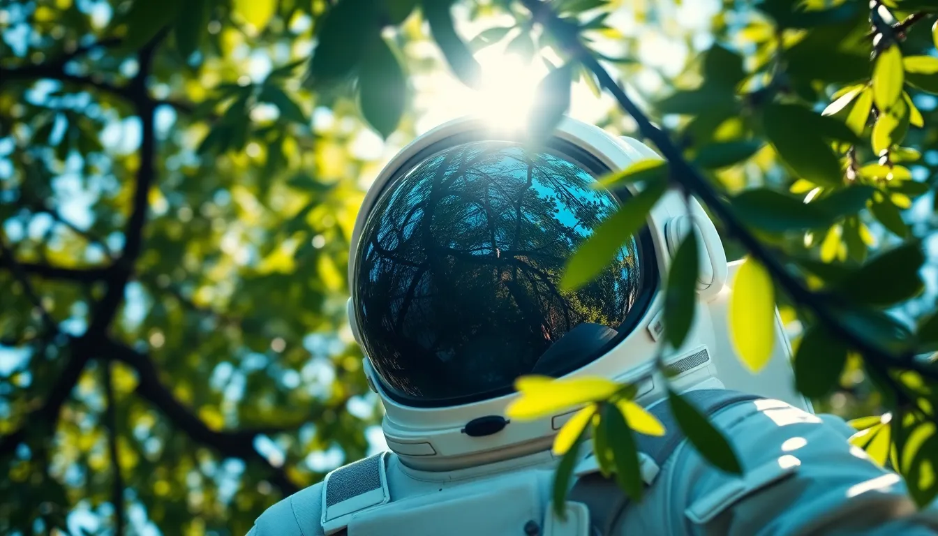 Astronaut in Alien Forest An astronaut stands in an otherworldly forest, surrounded by alien flora. Sunlight filters through the tree canopy, creating artistic bokeh highlights on their helmet visor, which reflects the unique colors of the extraterrestrial landscape. The vibrant contrast of deep blues and rich greens adds a dreamlike quality to the image. The astronaut's presence in this enchanting setting evokes a sense of adventure and exploration.