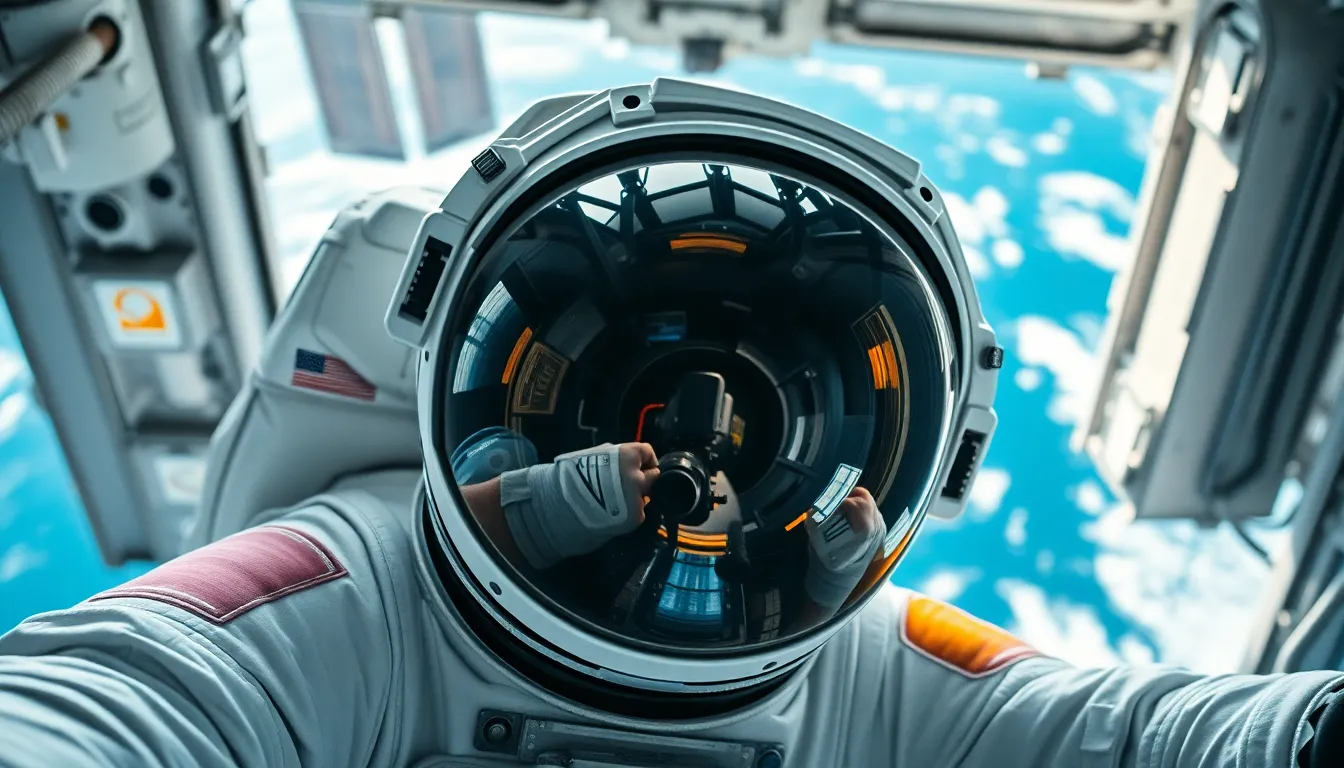 Astronaut Performing Spacewalk Near ISS