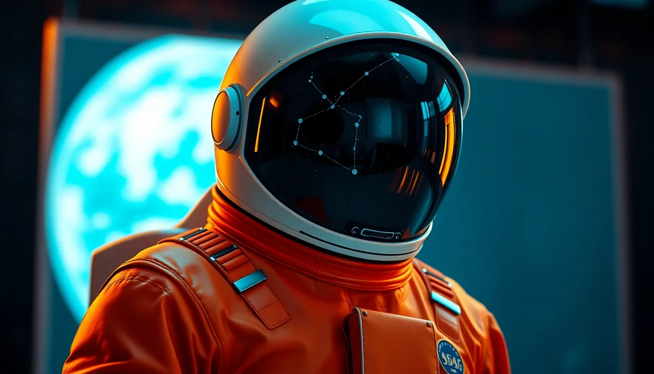 Astronaut in Spacecraft Interior A space-faring astronaut stands inside a spacecraft, showcasing the intricate details of their space suit. Stark studio lighting emphasizes the contours of the suit while casting dramatic shadows. The muted color palette of grays and whites highlights the advanced technology surrounding them. The astronaut's helmet, reflecting distant stars, adds a captivating depth to the scene.