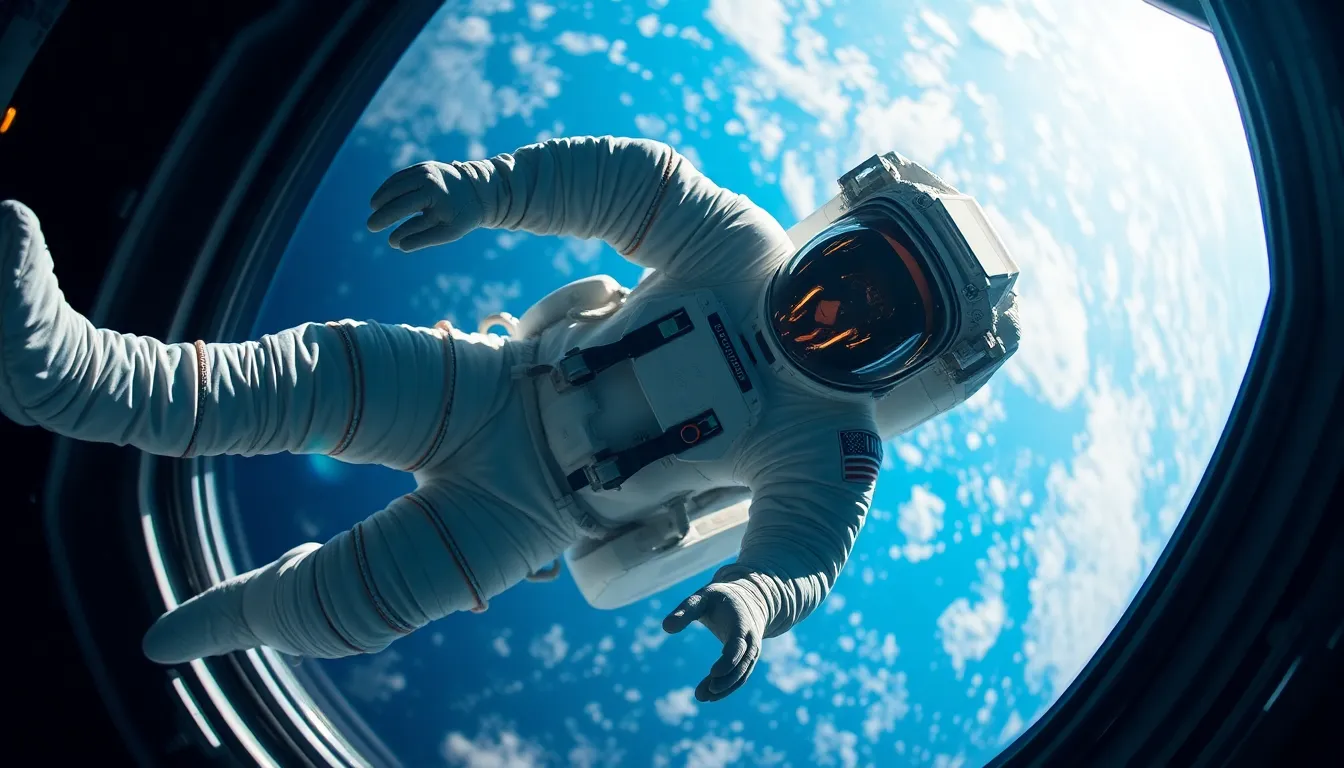 Astronaut in Space Station Zero Gravity A stunning image of an astronaut floating gracefully in a modern space station, illuminated by cool artificial lighting. The astronaut's sleek space suit contrasts with the high-tech environment, highlighting advanced control panels and equipment. The shallow depth of field adds an ethereal quality, while the blue and white color palette enhances the otherworldly feel. This captivating scene encapsulates the essence of living and working in space.