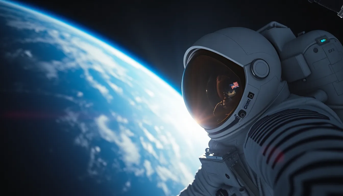 Astronaut Spacewalk Over Earth This stunning image captures an astronaut engaged in a spacewalk, with the breathtaking view of Earth below. Illuminated by sunlight, the astronaut's suit features intricate textures and reflective surfaces, set against the infinite backdrop of space. The vibrant colors of Earth contrast beautifully with the dark void of the cosmos, creating a captivating scene of exploration. The composition highlights both the astronaut and the curvature of the planet, evoking feelings of awe and adventure.