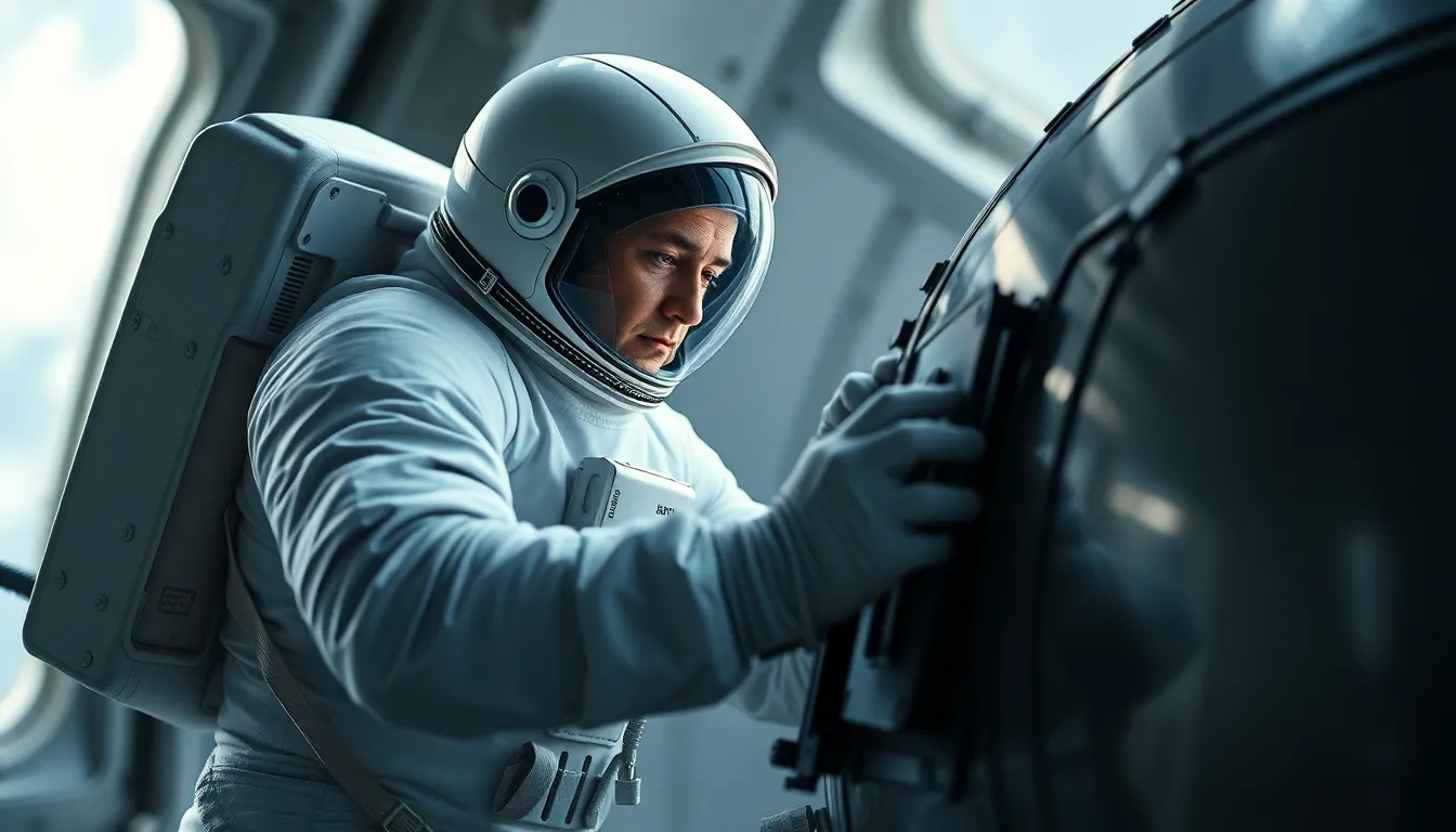 Astronaut Repairing Satellite in Space
