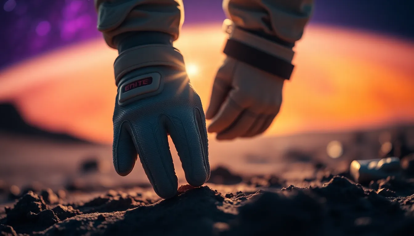 Astronaut's Gloved Hand Touching Alien Terrain
