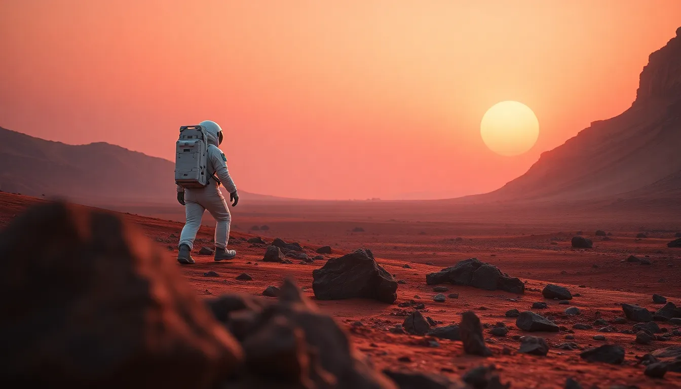 Exploring the Martian Landscape An astronaut stands on the rusty red soil of Mars, absorbed in the exploration of its surreal terrain during a striking sunset. Overcast skies diffuse the light delicately, illuminating the astronaut's suit against the rich colors of the Martian landscape. Leading lines in the rugged rock formations guide the viewer's eye toward the astronaut, embodying the spirit of discovery. The image captures the raw beauty and challenge of space exploration, highlighting the textures of both the suit and the Martian surface in stunning detail.