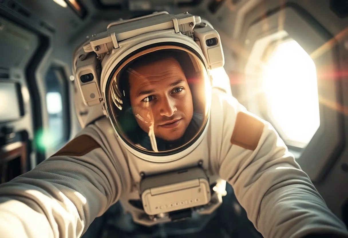 Astronaut Floating in Zero Gravity Inside Spacecraft An astronaut is captured mid-float within the confines of a spacecraft, enveloped by a beautiful interplay of light as sunlight streams in. The intimate perspective, achieved with a Leica Q3, focuses on the astronaut's expression while softly blurring the cabin surroundings. The natural muted tones create an atmosphere of tranquility and wonder, encapsulating the surreal experience of zero gravity. The Dutch angle composition adds dynamic tension, inviting viewers to share in this extraordinary moment of space travel.
