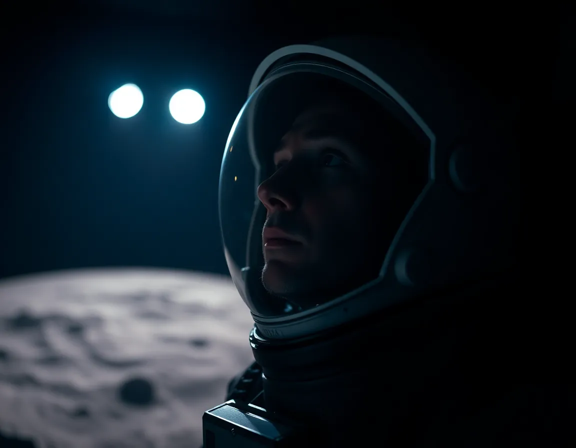 Astronaut in Moon Landing Simulation An astronaut stands in awe during a moon landing simulation, illuminated by dramatic studio lighting. The three-point setup creates a striking contrast, with the astronaut's face perfectly lit while the background fades to darkness. Using a shallow depth of field, the focus remains on the expression of wonder, encapsulated in desaturated earth tones for a gritty realism. The centered composition amplifies the emotional intensity of the moment as the astronaut gazes at a holographic display showcasing lunar landscapes, with intricate textures of the suit enhancing its realism.