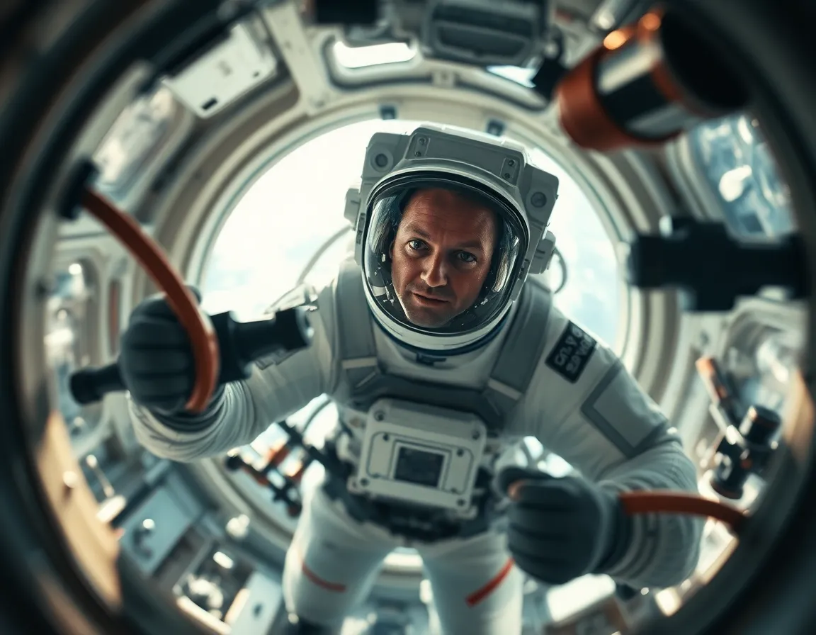 Astronaut Focused in Space Capsule with Floating Tools This engaging shot depicts an astronaut floating inside a space capsule surrounded by tools in a microgravity environment. The dappled sunlight filtering through the windows casts soft highlights and shadows, adding depth to the scene. The shallow depth of field draws attention to the astronaut’s intense focus and determination, while the dynamic Dutch angle composition enhances the feeling of movement. The rich textures of the capsule’s surfaces and floating equipment create a vibrant snapshot of life in space.