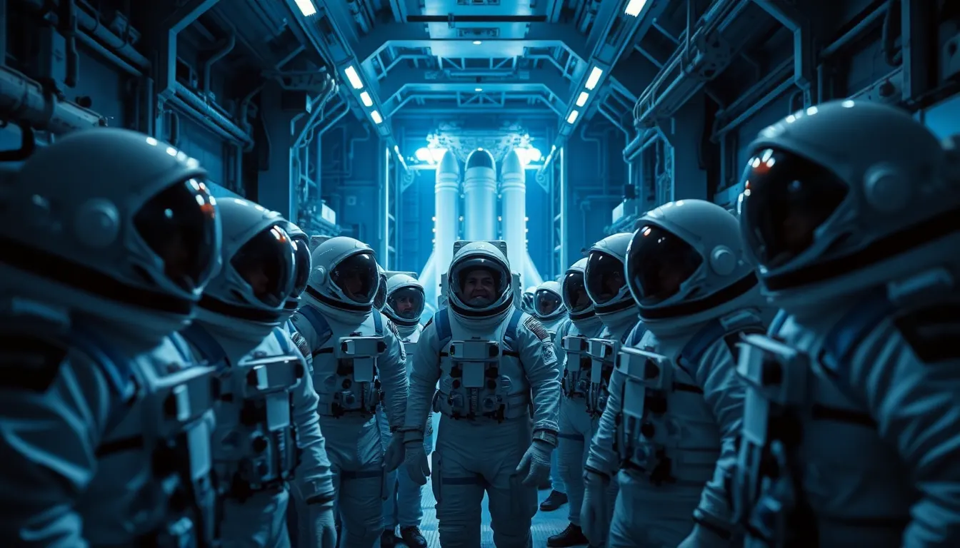 Astronauts Preparing for Launch in Space Facility This dynamic image showcases a group of astronauts in a modern launch facility, captured in a moment of camaraderie and preparation. The cool lighting casts dramatic shadows that enhance the atmosphere of anticipation and excitement for their upcoming mission. With a shallow depth of field, the focused expressions of the astronauts stand out against a softly blurred background, conveying the seriousness of their task. The futuristic color palette reflects the high-tech environment, immersing the viewer in the world of space exploration and teamwork.