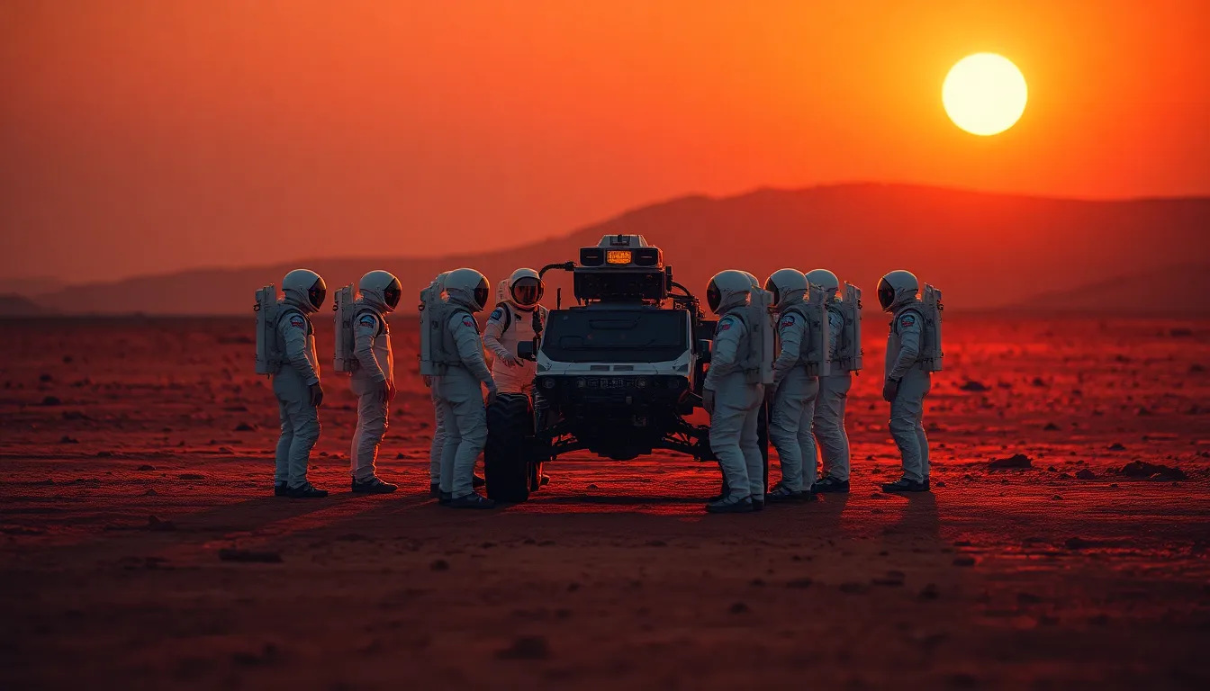 Astronauts Collaborating on Mars A group of astronauts collaborates around a rover on the Martian surface during a stunning sunset. The warm golden light enhances the textures of the red planet, highlighting the astronauts’ suits and their equipment. The shallow depth of field brings focus to the teamwork involved in exploration. This captivating scene portrays not just the challenges of space exploration, but also the beauty of one of Earth's neighboring planets.