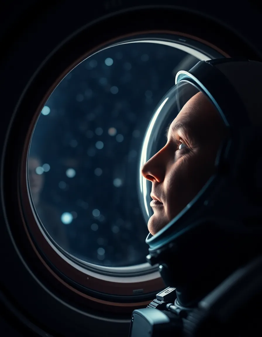 Astronaut Gazing at Stars from Spacecraft Window This evocative image captures an astronaut lost in thought as they gaze out into the vast starry expanse. Illuminated by soft natural light, the astronaut's expression conveys wonder and curiosity, while the shimmering stars in the background create an enchanting contrast. The blurred bokeh emphasizes the infinite depth of space, inviting viewers to share in the moment of reflection. This photograph beautifully portrays the solitude and beauty of exploration beyond our planet.